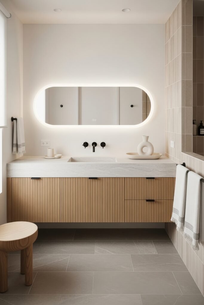 Bathroom Decor Ideas for Calm, Color, and Character 2 Sleek contemporary bathroom with a glowing oval mirror, fluted wood vanity, integrated stone sink, and matte black fixtures, offering refined bathroom decor inspiration with a minimalist edge.