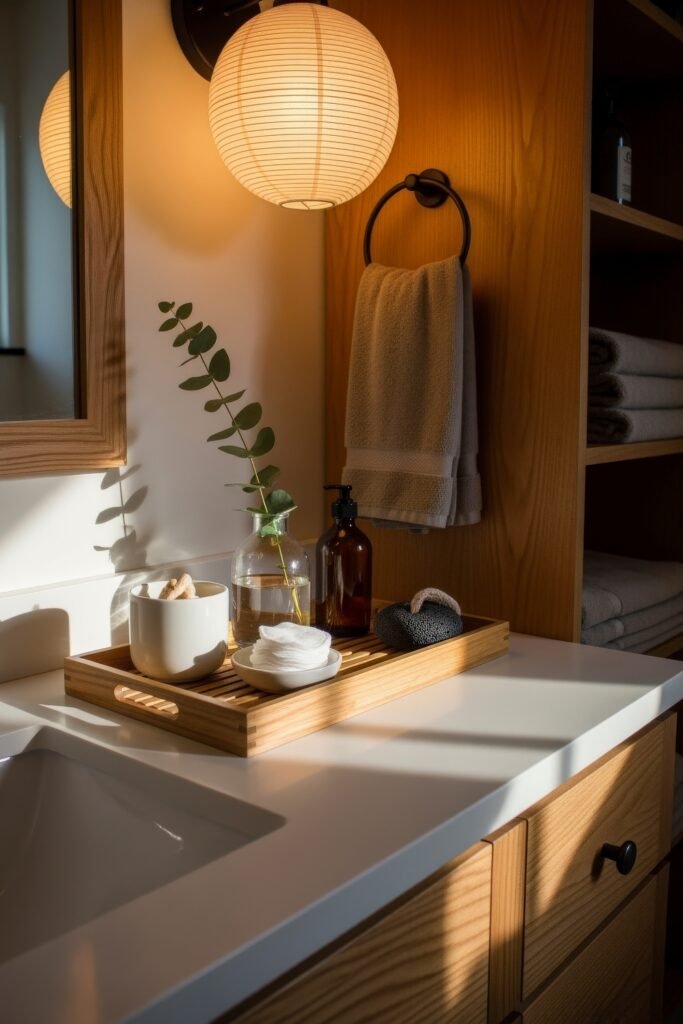 Stylish Bathroom Tray Ideas to Instantly Elevate Your Vanity 2 A cozy bathroom scene with a wooden bathroom tray holding skincare essentials, a small plant stem in a clear vase, and a pumice stone, set on a white counter with natural light and wood accents.