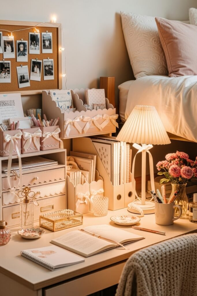 Dorm desk organization ideas for a chic glow-up 2 Warm dorm bedroom glow-up featuring pastel pink desk organizers with bows, a small lamp, flowers, and a corkboard with polaroids.