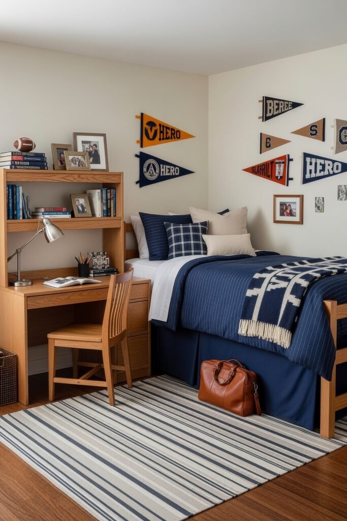 Dorm Room Ideas for Guys That Feel Grown 2 Neat dorm room ideas for guys with a navy and white striped bedding, wood desk and hutch, books, family photos, and colorful pennants decorating the wall.