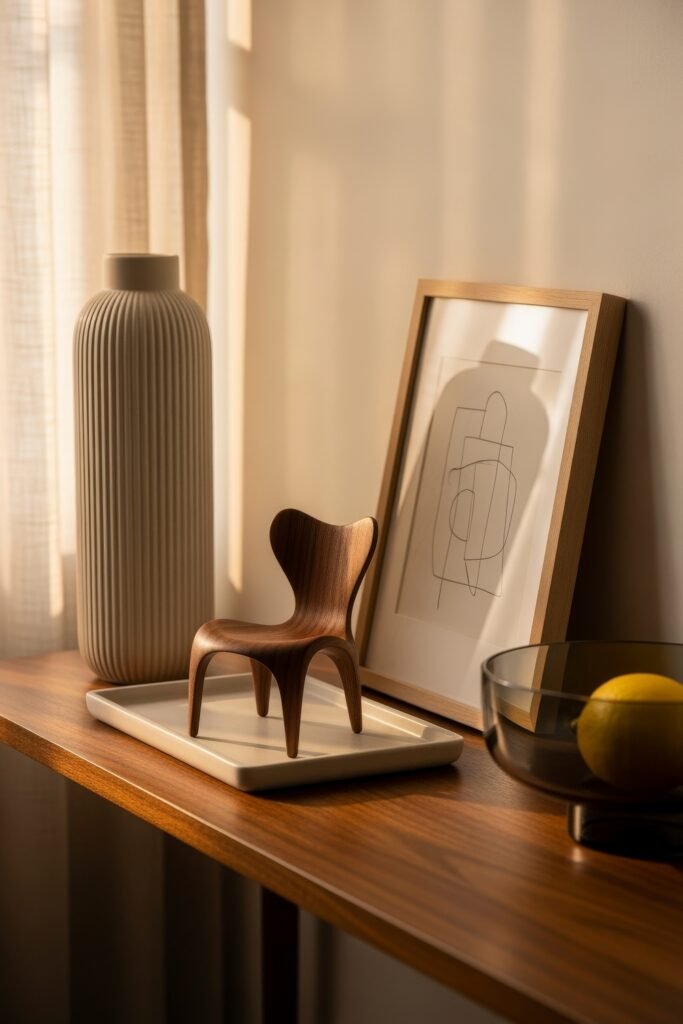Chic Ideas for Aesthetic Apartment Decor That Feels Effortless 22 Minimalist wooden console table styled with a ribbed vase, framed line art, a glass bowl with lemon, and a miniature sculptural chair in warm afternoon light.