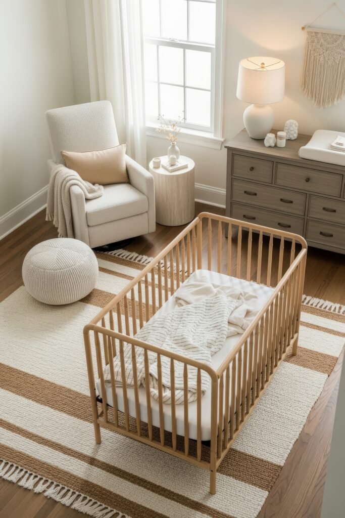 Dreamy Nursery Bedrooms: Baby Nursery Ideas for Boy 17 Light-filled neutral nursery with natural wood crib, striped rug, plush armchair, and soft textures creating a calm and dreamy nursery bedroom.