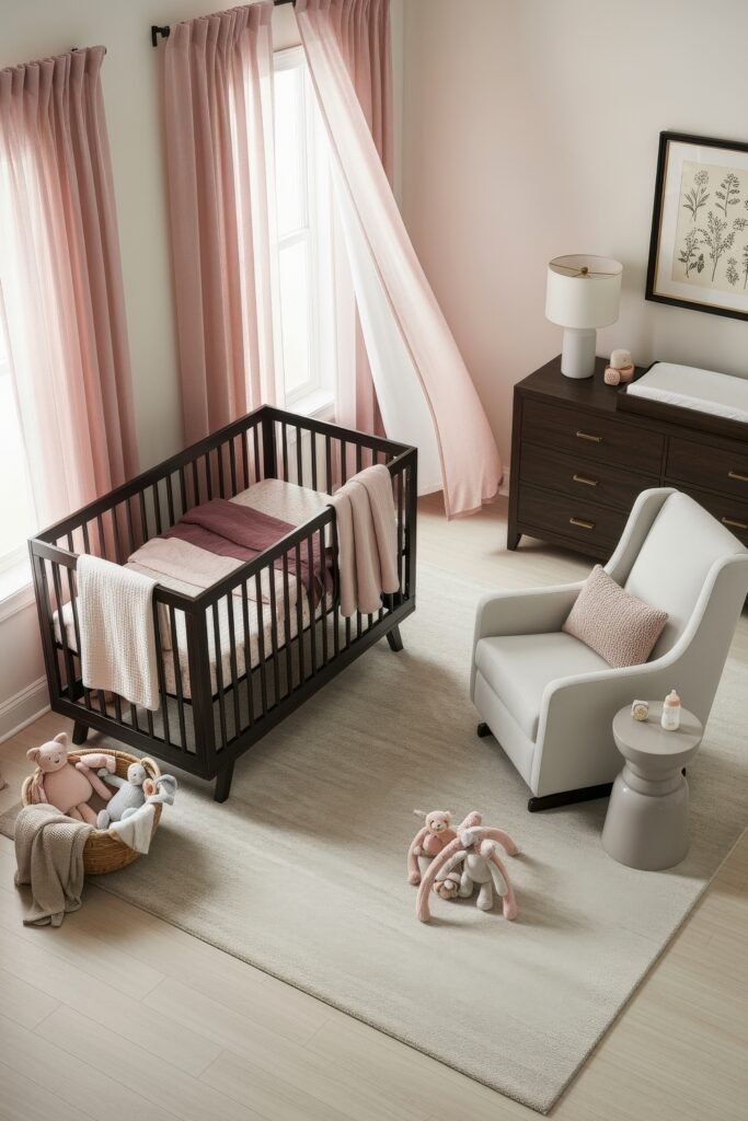 Dreamy & Stylish Baby Nursery Ideas for Girl 17 Modern nursery with a dark wood crib, blush pink curtains, plush toys, and a sleek white rocker, perfect for baby nursery ideas for a girl.