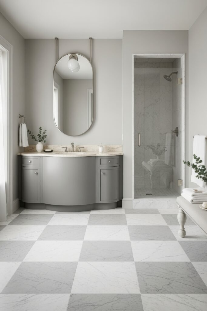 Bathroom Decor Ideas for Calm, Color, and Character 12 Elegant bathroom in soft gray tones, featuring a curved vanity with stone countertop, a hanging oval mirror, and checkered marble tile flooring for a refined bathroom decor look.