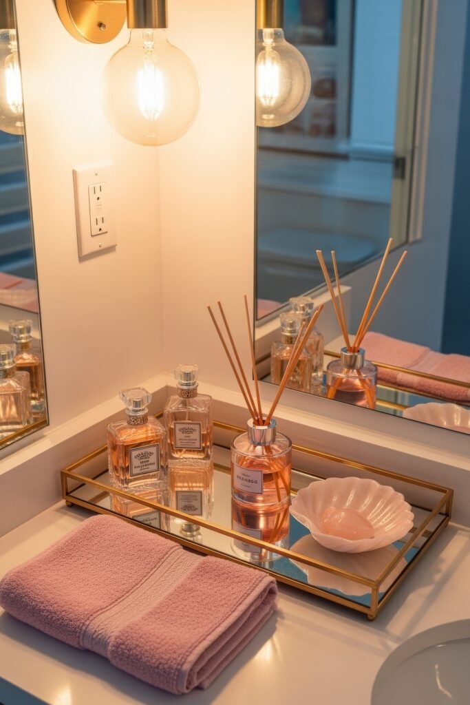 Stylish Bathroom Tray Ideas to Instantly Elevate Your Vanity 16 A mirrored bathroom tray with a pink theme, featuring perfume bottles, a shell-shaped soap dish, and a diffuser, styled with a folded pink towel under soft golden lighting.