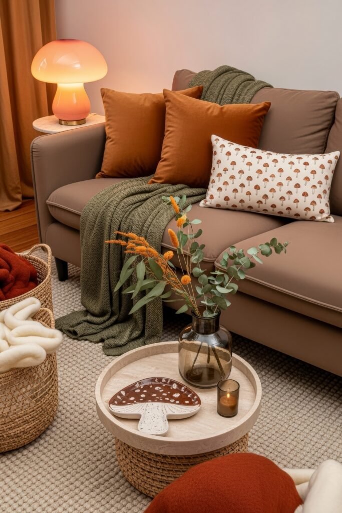 Cozy Boho Fall Decor: Ideas for Warm, Collected Style 22 Warm-toned seating area featuring a taupe sofa with rust pillows, a mushroom-print cushion, green throw, and playful mushroom accents for autumn charm.