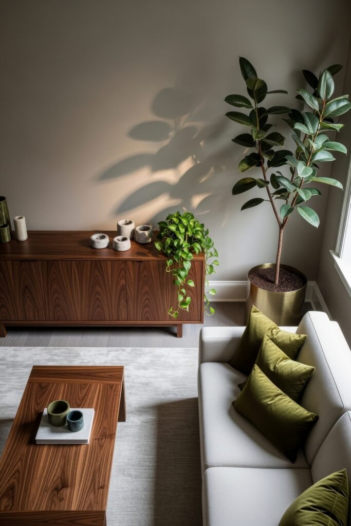 Chic Ideas for a Brown Apartment Aesthetic 17 Modern living room with deep wood accents, a neutral sofa with green velvet pillows, large potted plants, and soft lighting that highlights a harmonious, aesthetic apartment decor.