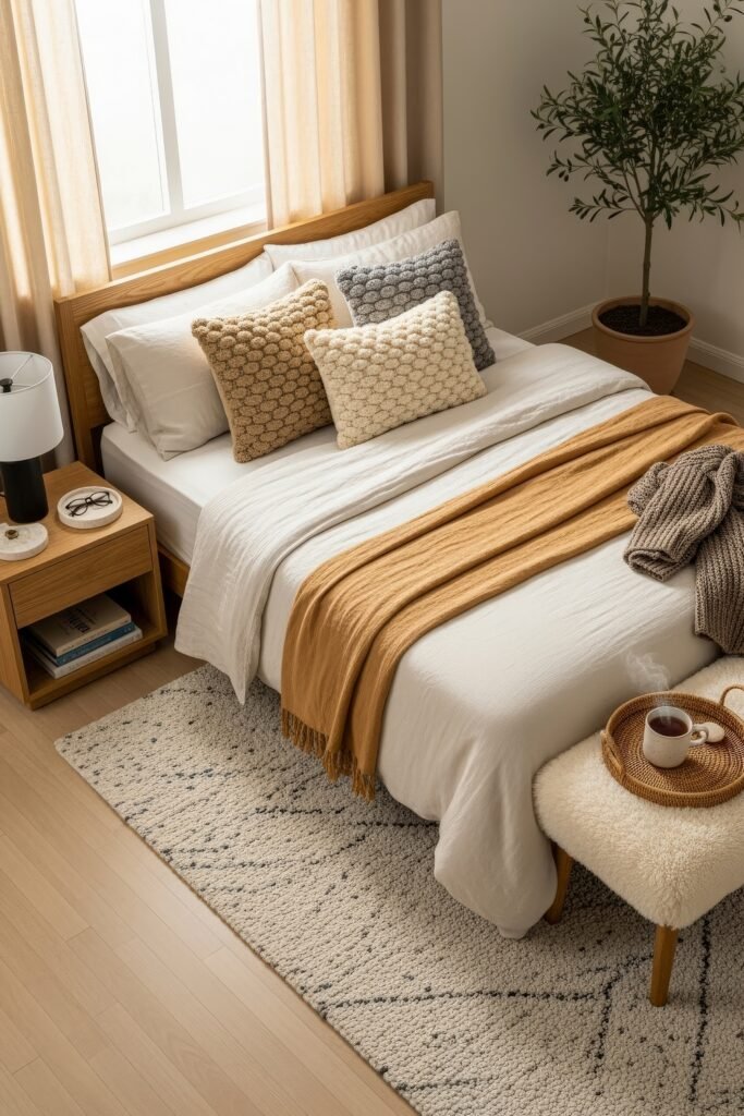 Soft & Stylish: Cozy Bedroom Ideas for an Effortless Retreat 22 Bright bedroom with white bedding, mustard throw blanket, textured accent pillows, and a sheepskin bench holding a tray with tea, beside a potted tree.