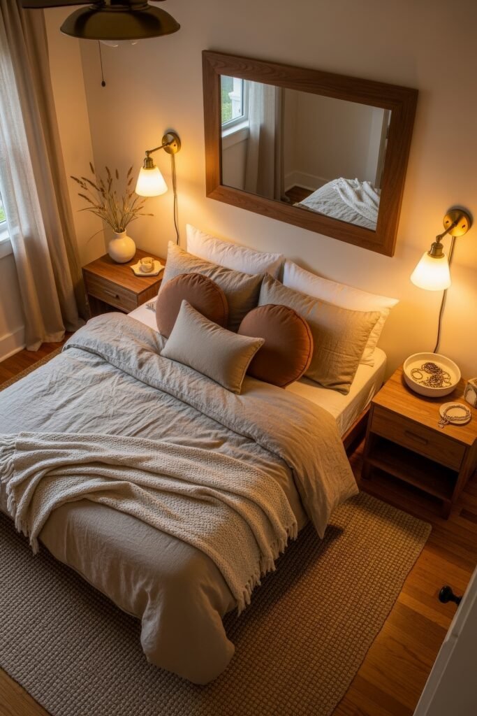 Dreamy Ways to Style a Cozy Boho Bedroom 18 Intimate bedroom scene with warm lighting, textured beige bedding, round rust pillows, wooden nightstands, and soft knit accents, enhanced by sconces and a large wooden-framed mirror above the bed.