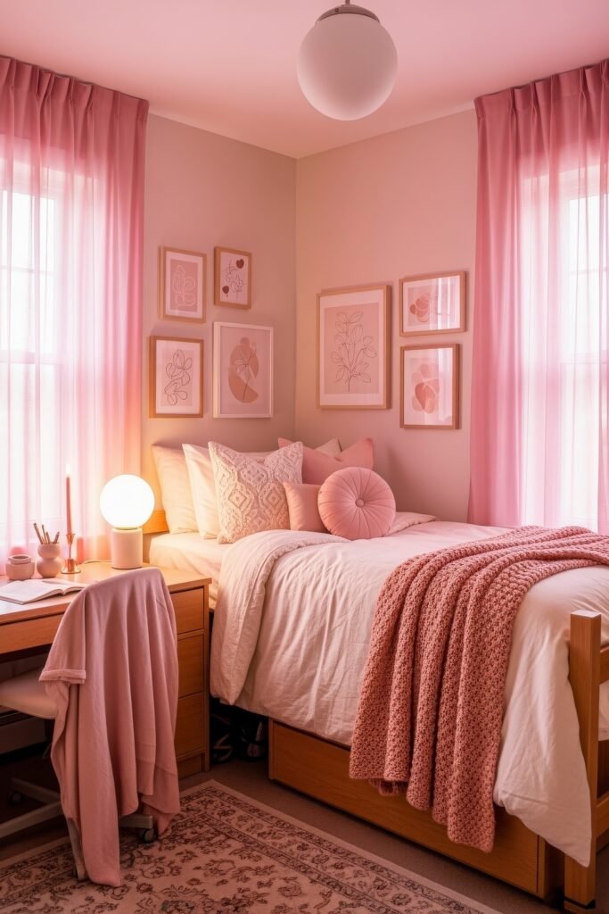 Trend-Forward dorm wall décor Ideas 18 Playful pink dorm bedroom with coordinated wall art, pink curtains, cozy pillows, and a chunky knit blanket completing the glow-up.