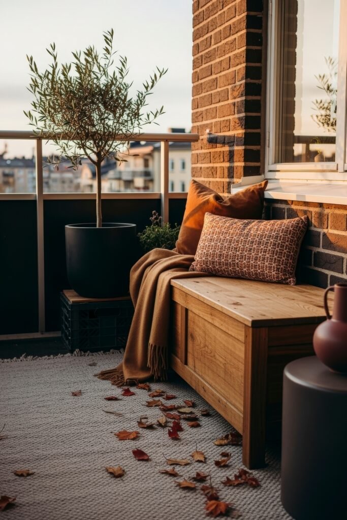 Cozy Entry Glow: Fall Porch Ideas to Try 19 Balcony nook with a wooden bench, textured pillows, a potted olive tree, and warm-toned throws, surrounded by fallen autumn leaves.