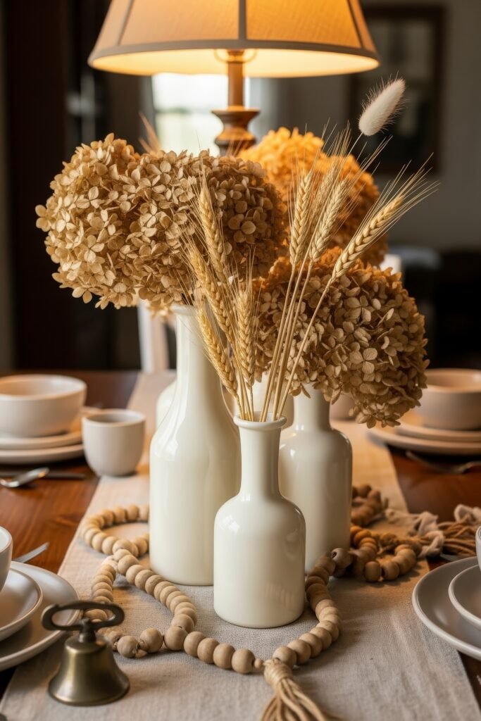 Fresh farmhouse fall decor Ideas for a Cozy, Modern Home 22 Dining table centerpiece with white ceramic vases filled with dried hydrangeas and wheat stems, surrounded by wooden beads and neutral dishware, styled in farmhouse fall decor.