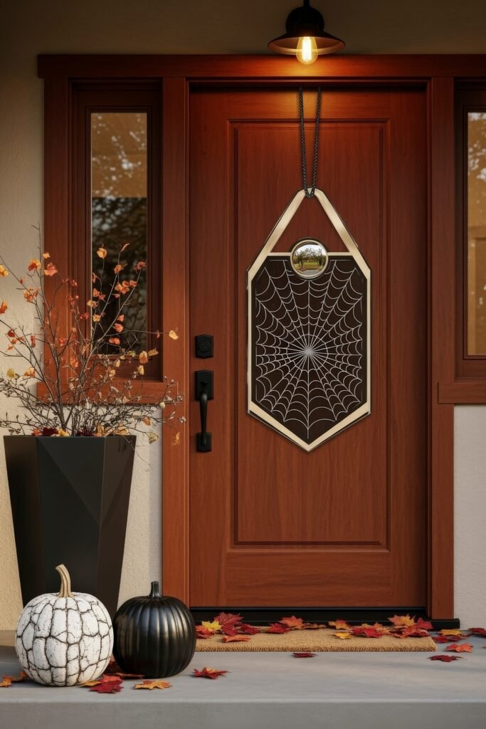 Chic halloween door hangers to elevate your entry 16 Wooden front door with a geometric Halloween door hanger featuring a spiderweb design and mirror center, paired with black and white pumpkins.