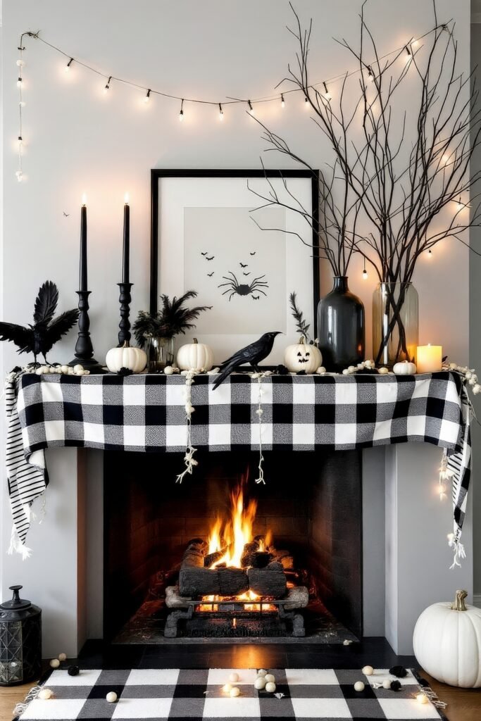 Spooky-Chic Halloween Fireplace Décor: Stylish Mantel Ideas 18 A fireplace dressed in black-and-white buffalo plaid, with white pumpkins, faux crows, string lights, and a framed spider print above for a playful Halloween display.