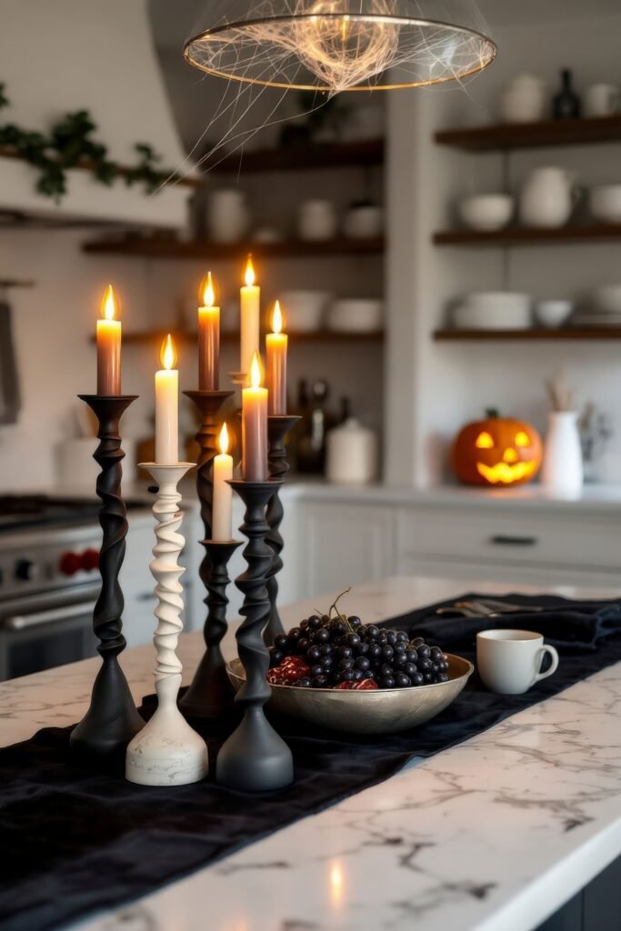 Fresh Ideas for your halloween kitchen 18 A marble kitchen island styled with twisted black and white candlesticks, a bowl of grapes, and cobwebs draped over the light above, with a glowing jack-o’-lantern in the background.