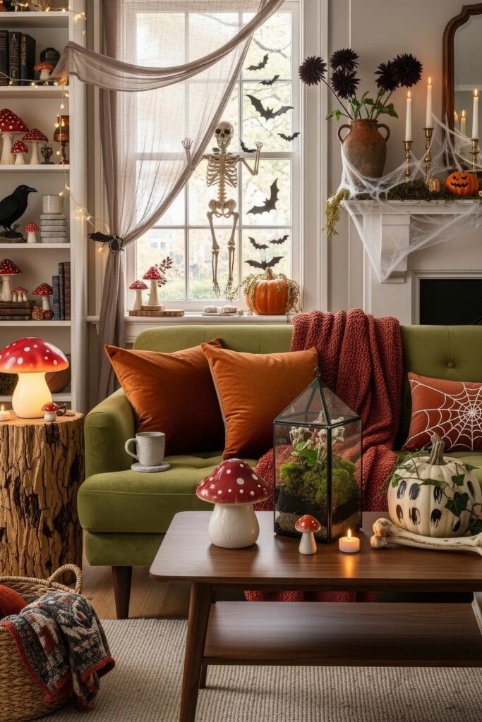 Stylish halloween living room Ideas: 15 Fresh Styles 19 Whimsical halloween living room with mushrooms, terrarium, skeleton, bats, cobwebs, and orange accents on a green sofa.