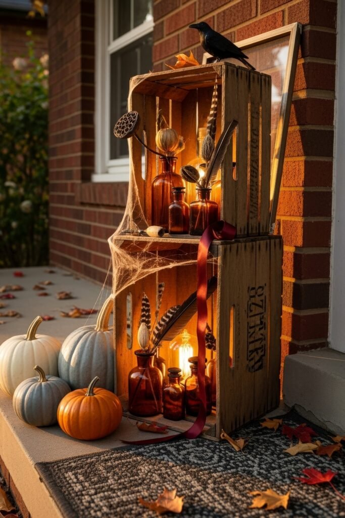 Spooky-Chic halloween porch ideas for Instant Curb Appeal 18 Rustic Halloween vignette with stacked crates, amber bottles, cobwebs, pumpkins, and a crow perched on top.