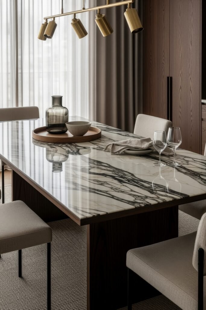Ideas to Nail a Luxury Apartment Aesthetic 18 Sophisticated dining area featuring a marble-top table with bold veining, brass pendant lighting, and minimalist tableware.