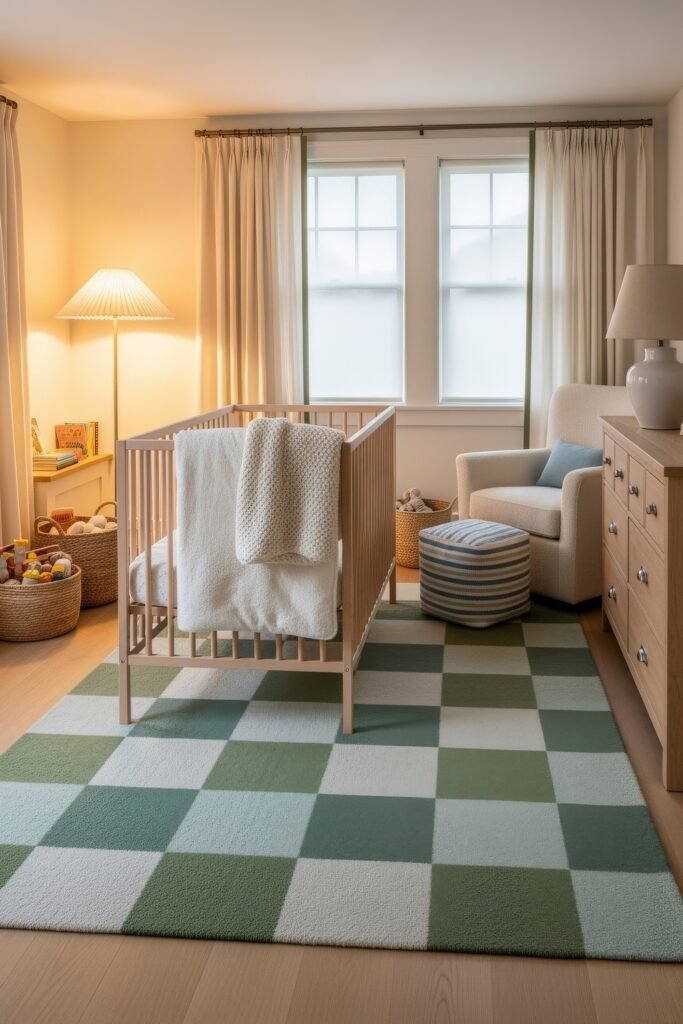 Fresh nautical nursery ideas for a calm, stylish baby room 18 Nursery with a soft wood crib, checkered green and white rug, striped pouf, and warm lighting, balancing modern and cozy touches.