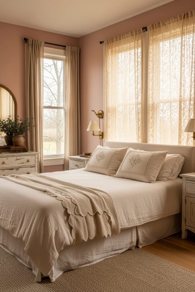 Sweet Ideas for a Romantic Cozy Farmhouse Bedroom 17 Romantic cozy farmhouse bedroom with pink walls, cream bedding, lace curtains, and distressed white dressers.