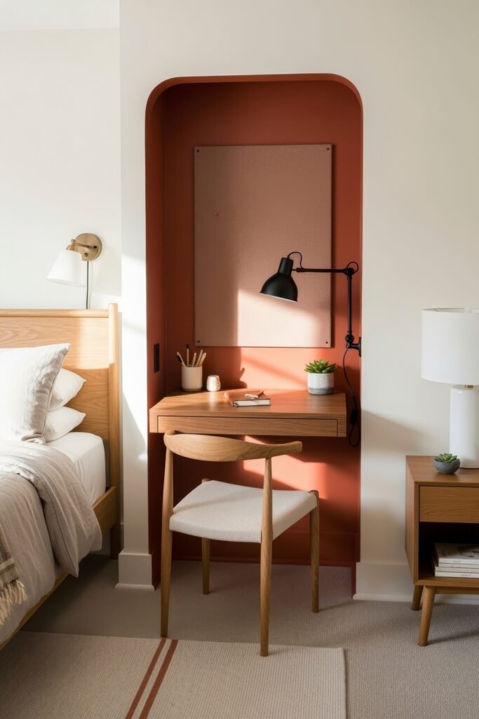 Small Bedroom Office Combo Ideas That Actually Look Chic 24 Cozy modern bedroom with a recessed terracotta-toned desk nook, black wall-mounted lamp, and light wood chair beside the bed.