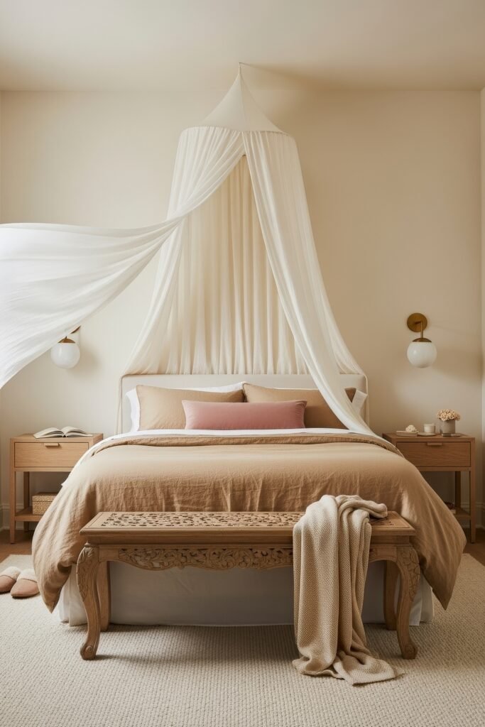 Small Bedroom Style Ideas: 15 Chic Looks That Work 24 Elegant small bedroom style with a carved wooden bench, tan bedding, and a white canopy draping softly over the bed.