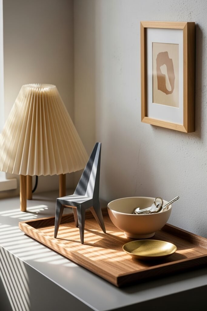 Chic Ideas for Aesthetic Apartment Decor That Feels Effortless 23 Entryway vignette with a pleated lamp, abstract wall art, ceramic bowls, and a small geometric chair sculpture arranged on a wooden tray.