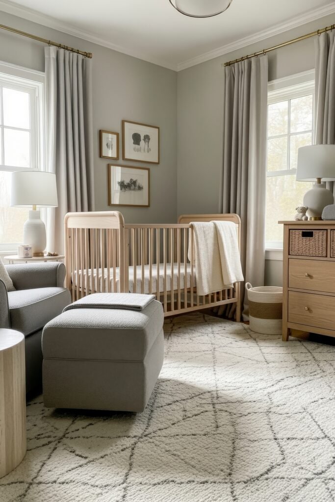 Dreamy Nursery Bedrooms: Baby Nursery Ideas for Boy 18 Elegant gray-toned nursery with wooden crib, patterned rug, gray armchair, and layered curtains for a serene, sophisticated baby space.