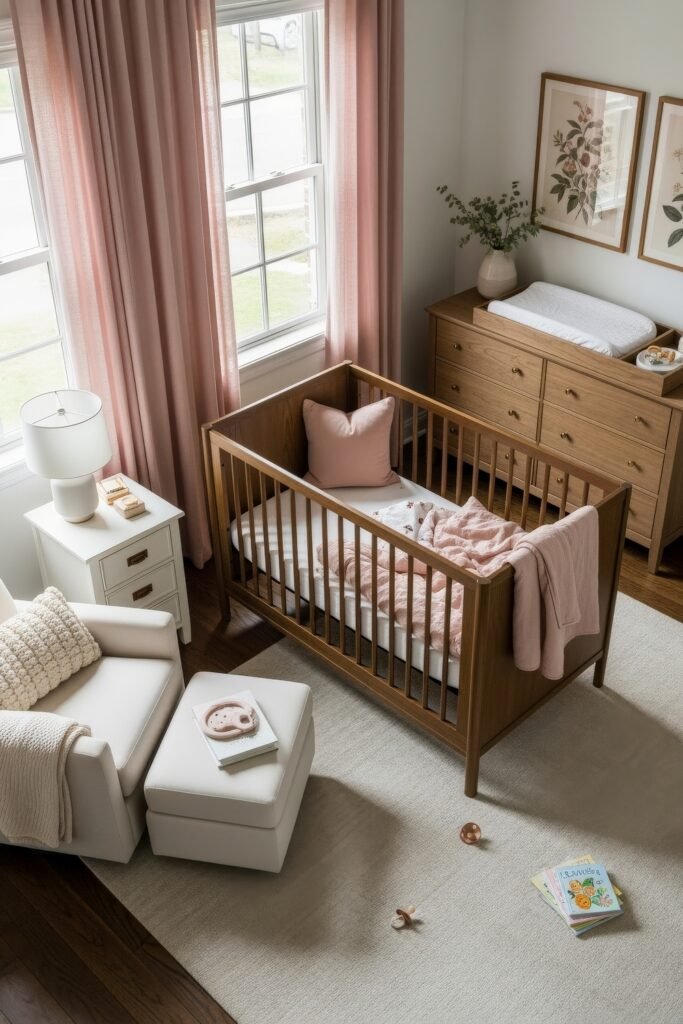 Dreamy & Stylish Baby Nursery Ideas for Girl 18 Warm nursery with a natural wood crib, soft pink accents, and floral wall art, blending cozy textures with classic charm.