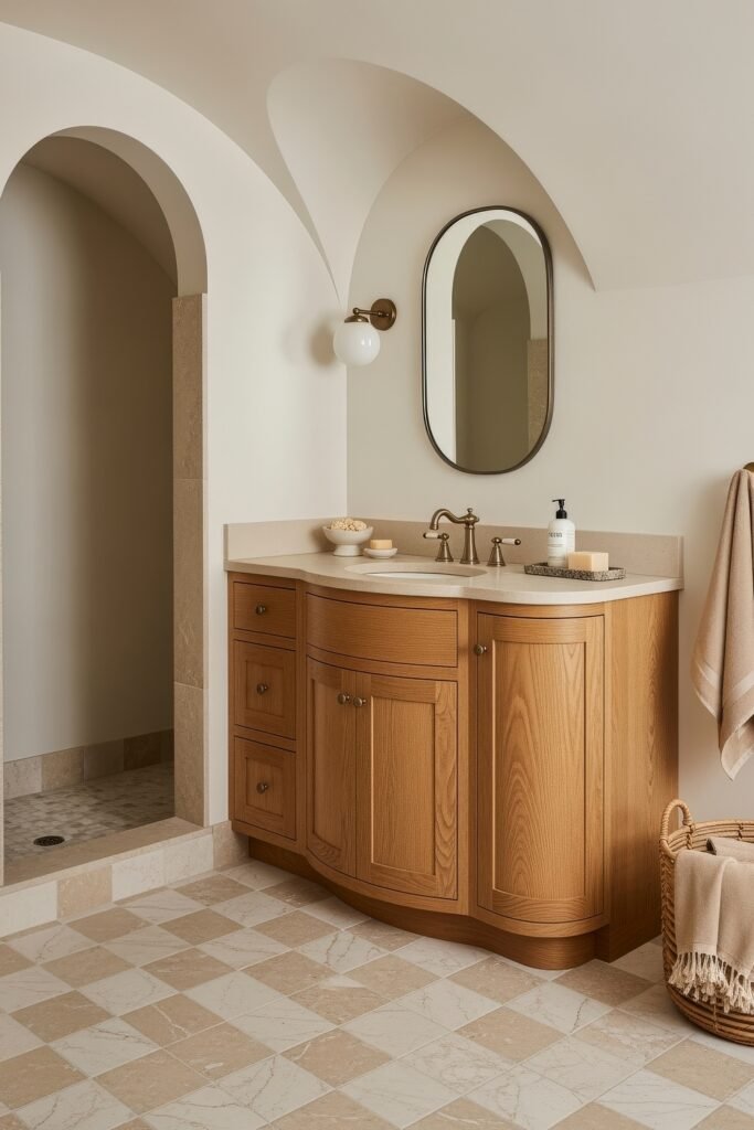 Bathroom Decor Ideas for Calm, Color, and Character 13 Mediterranean-inspired bathroom with arched ceilings, a natural wood vanity, beige checkerboard flooring, and simple organic accessories—an inviting space with timeless bathroom decor.