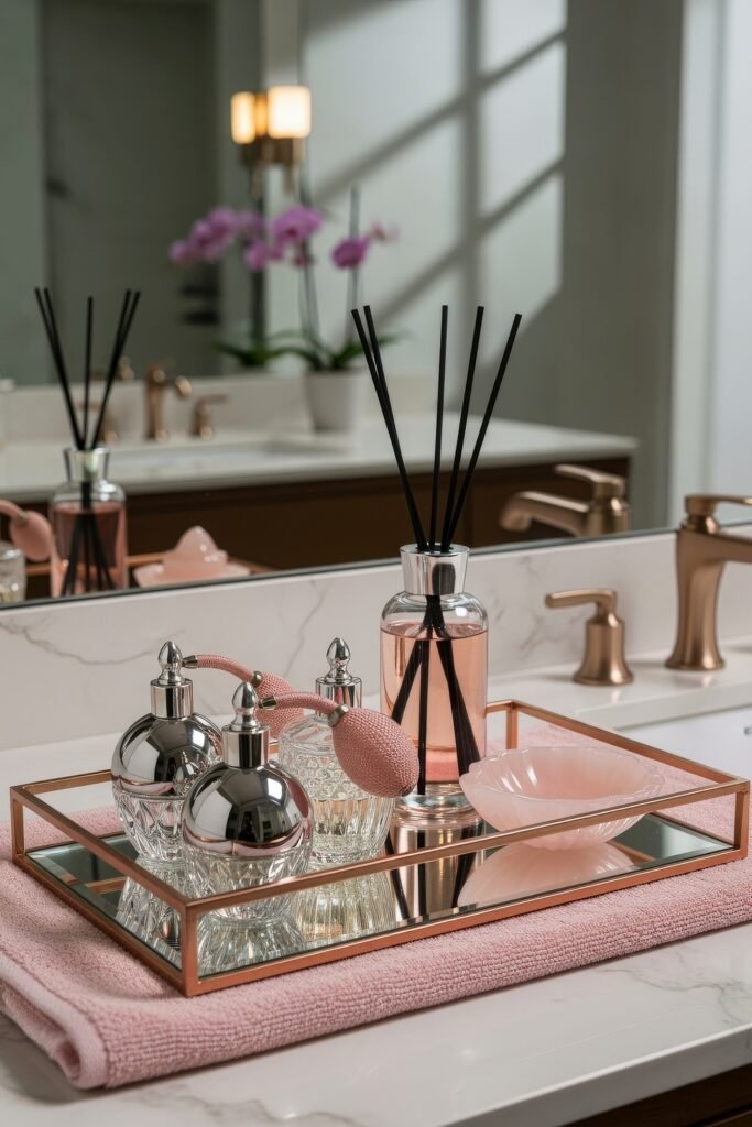 Stylish Bathroom Tray Ideas to Instantly Elevate Your Vanity 17 A rose gold mirrored bathroom tray holding elegant perfume atomizers, a reed diffuser, and a soap dish, placed on a pink towel atop a marble vanity for a glamorous bathroom decor touch.