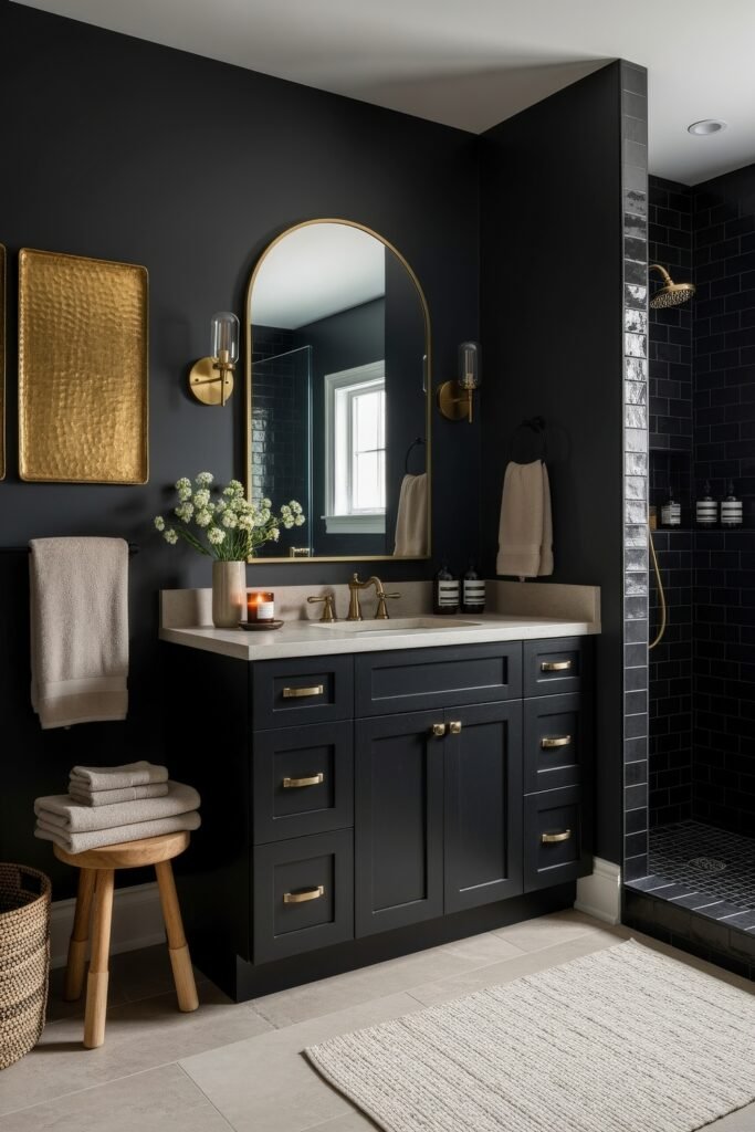 Black and Gold Bathroom Decor Ideas for Luxe Everyday Calm 20 Black and gold bathroom decor featuring a black vanity with marble countertop, arched mirror, hammered gold wall art, and walk-in shower with glossy black tiles.