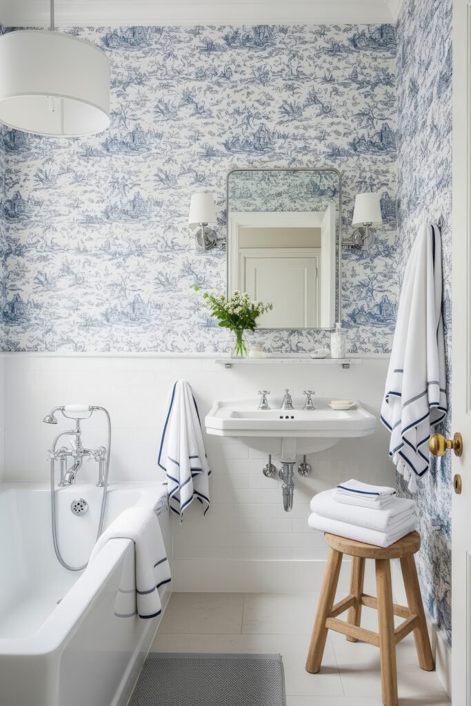 Blue Bathroom Decor: Fresh, Wow-Worthy Ideas 20 Chic bathroom with blue toile wallpaper, pedestal sink, and layered white towels accented with navy trim for a polished look.