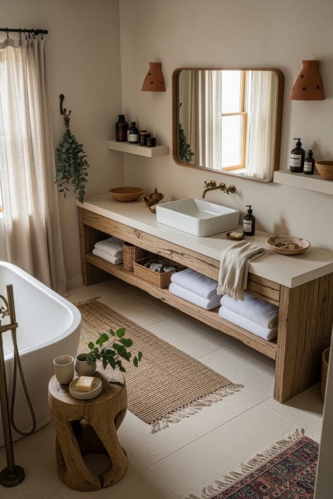 Fresh Ways to Layer Boho Bathroom Decor 21 Warm neutral bathroom with freestanding tub, rustic wood vanity, terracotta sconces, and woven accents for cozy boho bathroom decor.