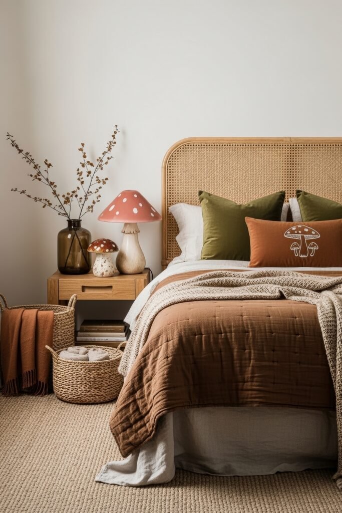 Cozy Boho Fall Decor: Ideas for Warm, Collected Style 23 Cozy bedroom with a rattan headboard, layered earth-tone bedding, green accent pillows, and whimsical mushroom lamps on the nightstand.