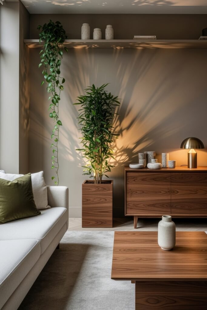 Chic Ideas for a Brown Apartment Aesthetic 18 Nature-inspired lounge with clean-lined wood furniture, trailing and upright houseplants, soft lighting, and a neutral-toned rug—evoking an earthy, aesthetic apartment decor.