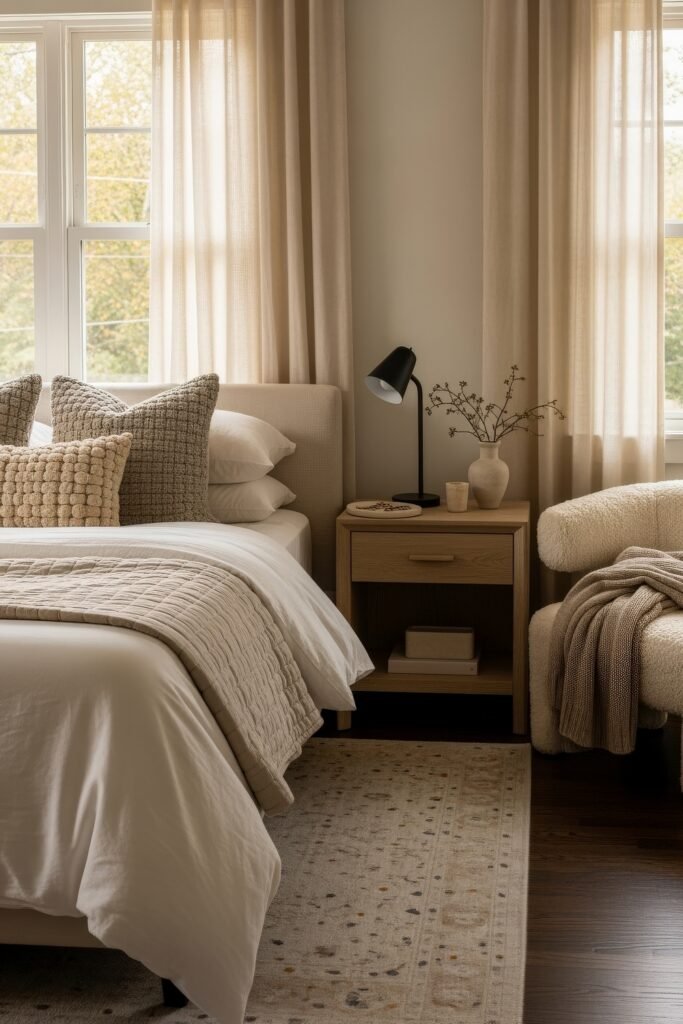 Soft & Stylish: Cozy Bedroom Ideas for an Effortless Retreat 23 Serene neutral-toned bedroom featuring soft layered bedding, textured pillows, a black reading lamp, and a boucle chair draped with a knit blanket.
