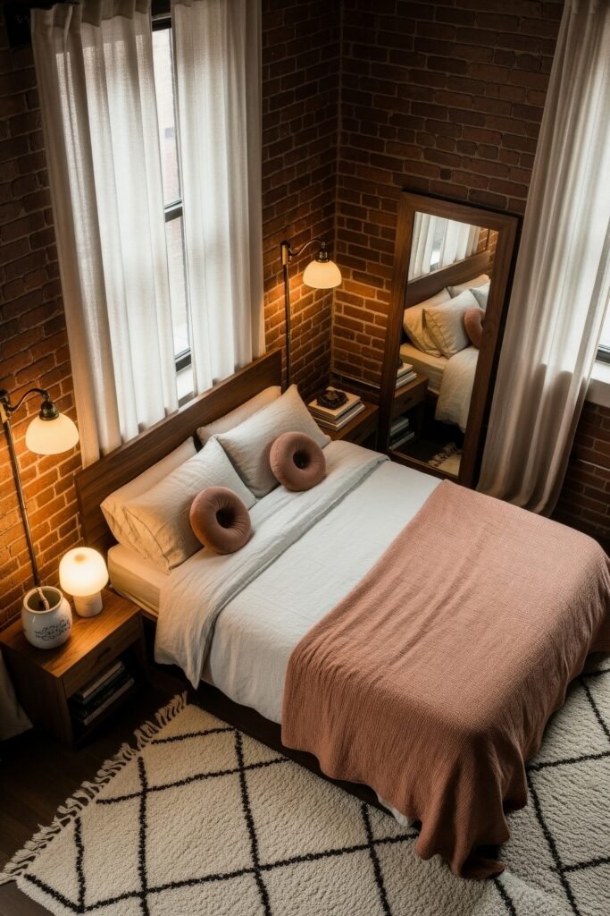 Dreamy Ways to Style a Cozy Boho Bedroom 19 Moody bedroom with exposed brick walls, white curtains, and cozy textures including rust round pillows, a soft blanket, and a cream shag rug with a diamond pattern, complemented by layered lighting and a full-length mirror.