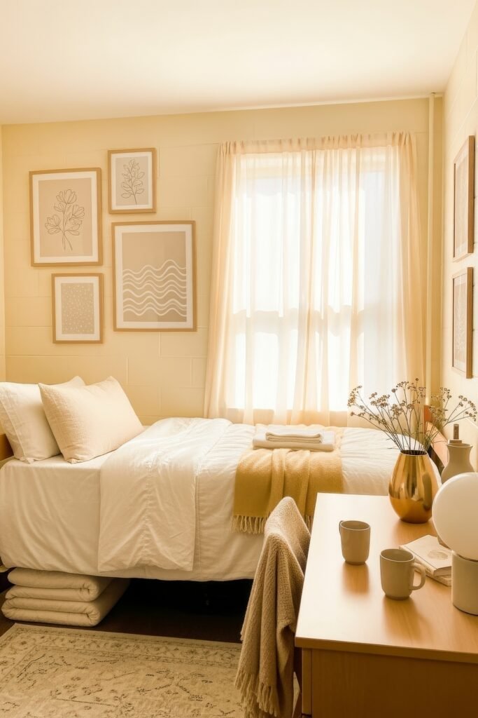 Trend-Forward dorm wall décor Ideas 19 Soft neutral dorm space filled with warm golden light, beige wall art, a vase with flowers on the dresser, and a neatly folded blanket at the foot of the bed.
