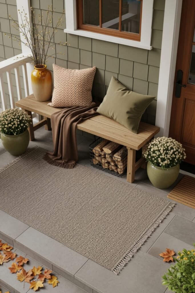 Cozy Entry Glow: Fall Porch Ideas to Try 20 Inviting fall porch with a wooden bench, cozy pillows, a brown throw, baskets of firewood, and mums in green planters.