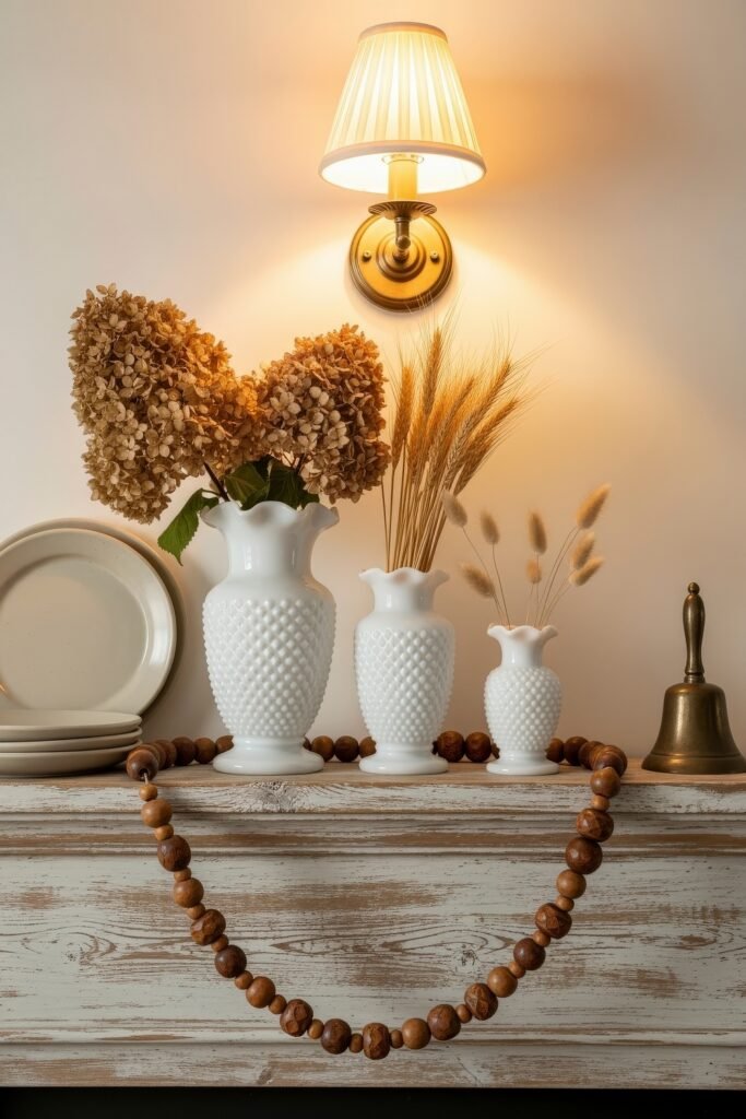 Fresh farmhouse fall decor Ideas for a Cozy, Modern Home 23 Rustic mantel decorated with white hobnail vases holding dried hydrangeas and wheat stems, wooden bead garland, and warm lighting, styled with farmhouse fall decor.