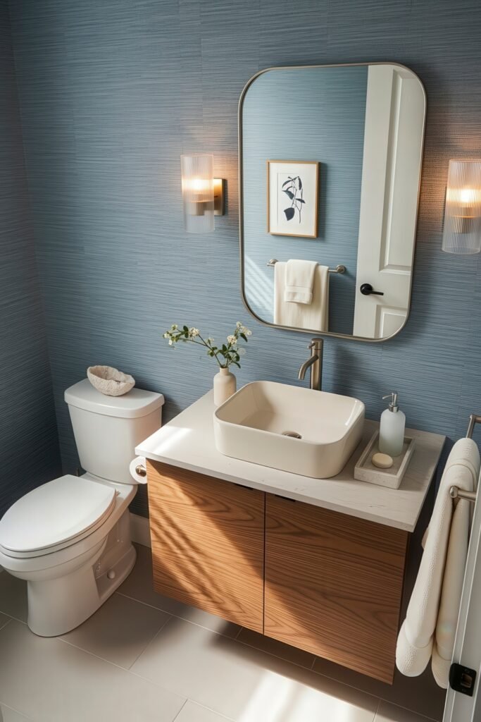 Half Bathroom Decor, Elevated: Jewel-Box Ideas 21 Contemporary half bathroom with blue textured walls, floating wood vanity, vessel sink, and soft wall sconces.