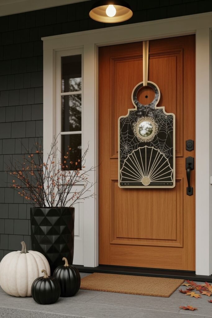 Chic halloween door hangers to elevate your entry 17 Natural wood front door with a large Halloween door hanger showing spiderweb and fan motifs around a mirror, styled with white and black pumpkins.