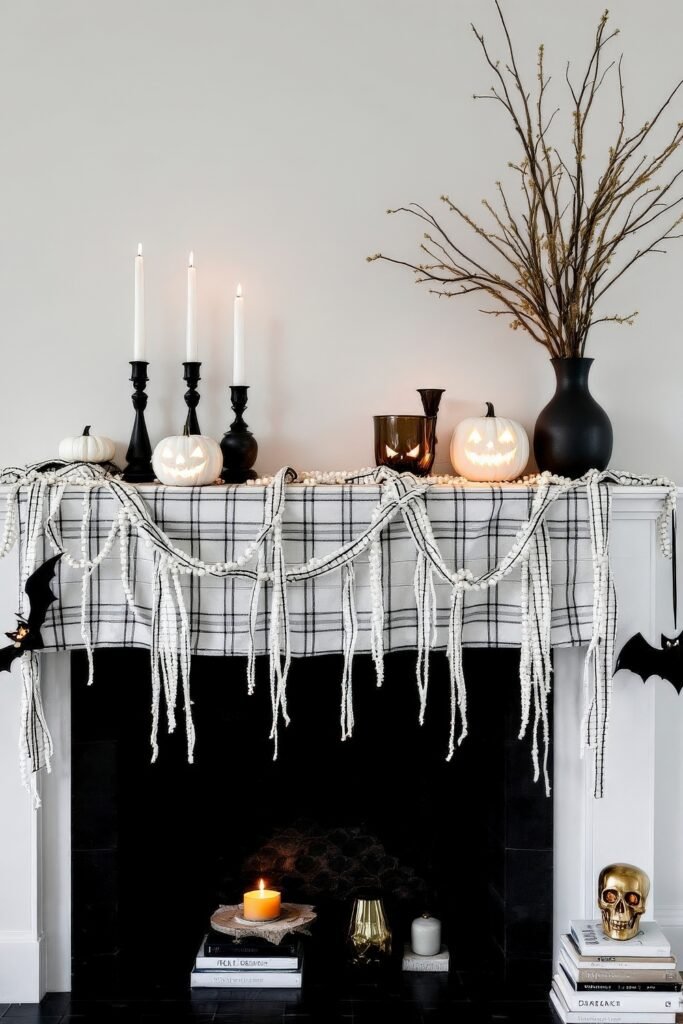 Spooky-Chic Halloween Fireplace Décor: Stylish Mantel Ideas 19 A white fireplace with plaid fabric garland, glowing jack-o’-lanterns, black candleholders, and bat accents for a spooky but chic Halloween mantel arrangement.