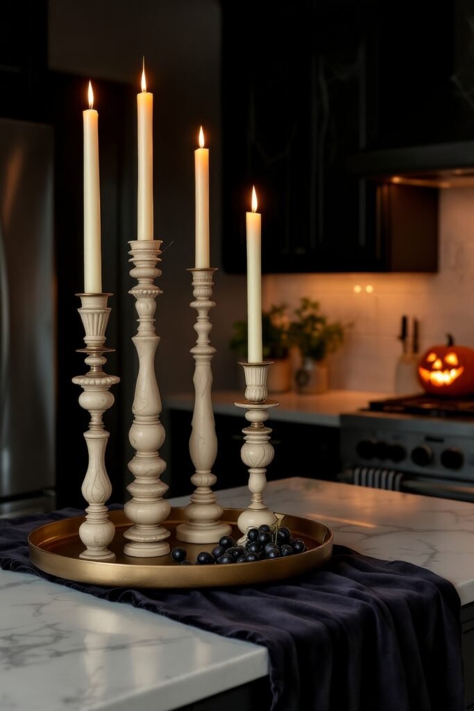 Fresh Ideas for your halloween kitchen 19 A halloween kitchen island with tall ivory candlesticks on a tray beside black grapes, set against a dark backdrop with a glowing jack-o’-lantern on the counter.