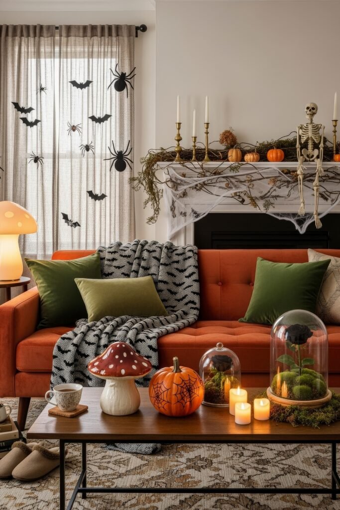 Stylish halloween living room Ideas: 15 Fresh Styles 20 Vibrant halloween living room with an orange sofa, spiderweb pumpkins, glass cloche roses, skeleton, bats, and glowing candles.