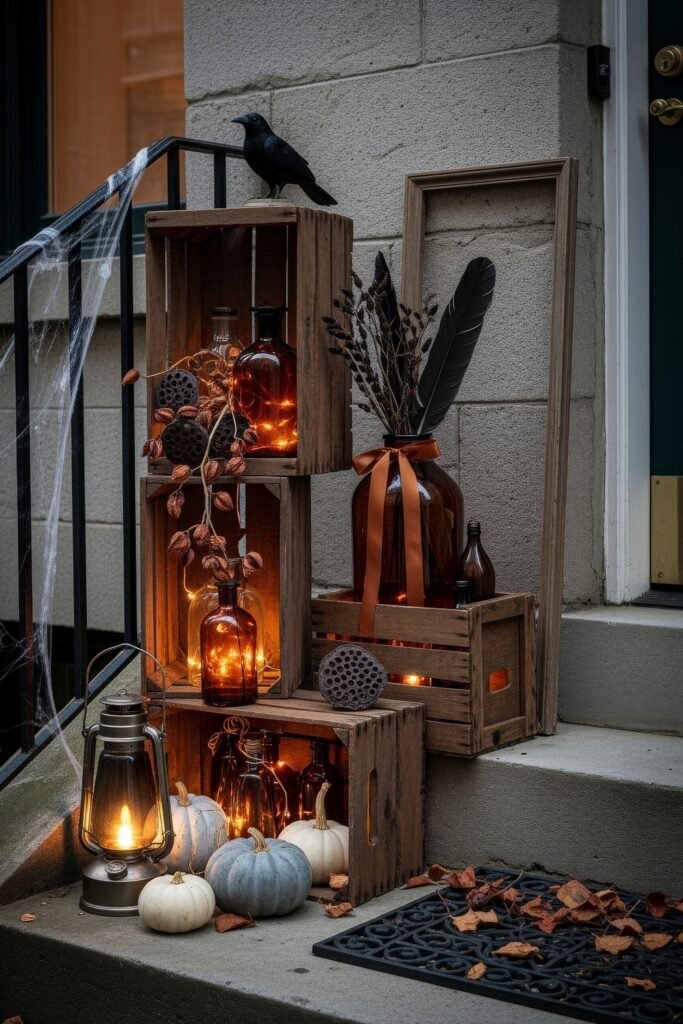 Spooky-Chic halloween porch ideas for Instant Curb Appeal 19 Porch display of wooden crates filled with glowing amber bottles, feathers, pumpkins, and a crow figure for a spooky touch.