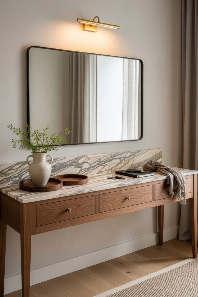 Ideas to Nail a Luxury Apartment Aesthetic 19 Console table with a marble backsplash, wooden trays, and ceramic vase, styled with a large mirror and brass wall light above.