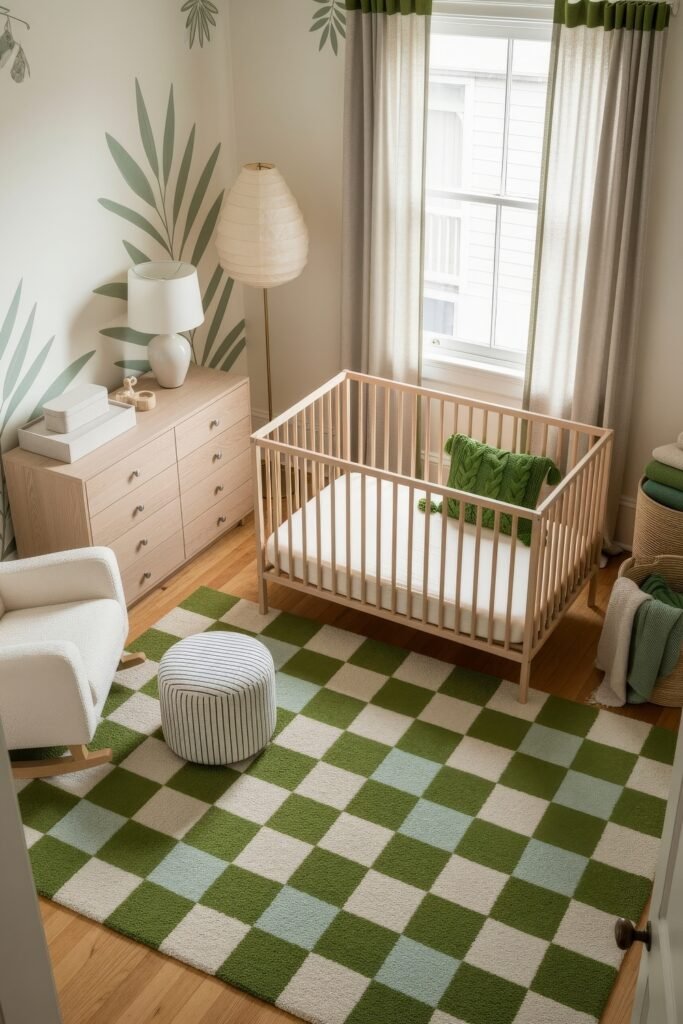 Fresh nautical nursery ideas for a calm, stylish baby room 19 Playful nursery featuring a checkered rug, leafy wall mural, and natural crib styled with pops of fresh green.