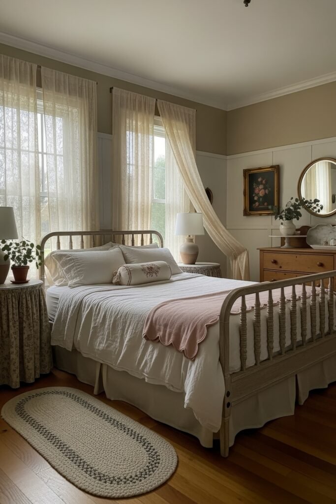 Sweet Ideas for a Romantic Cozy Farmhouse Bedroom 18 Airy cozy bedroom with a spindle bed, white bedding, blush scalloped throw, potted plants, and lace-draped windows.